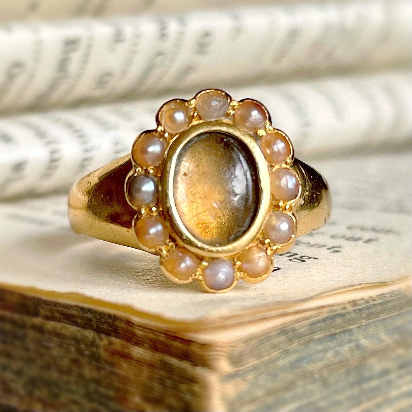 Antique Pearl Locket Ring in 18 Carat Gold; Circa 1917