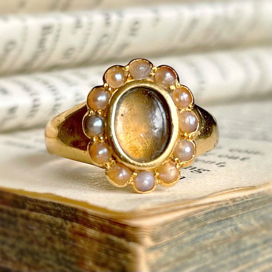 Antique Pearl Locket Ring in 18 Carat Gold; Circa 1917