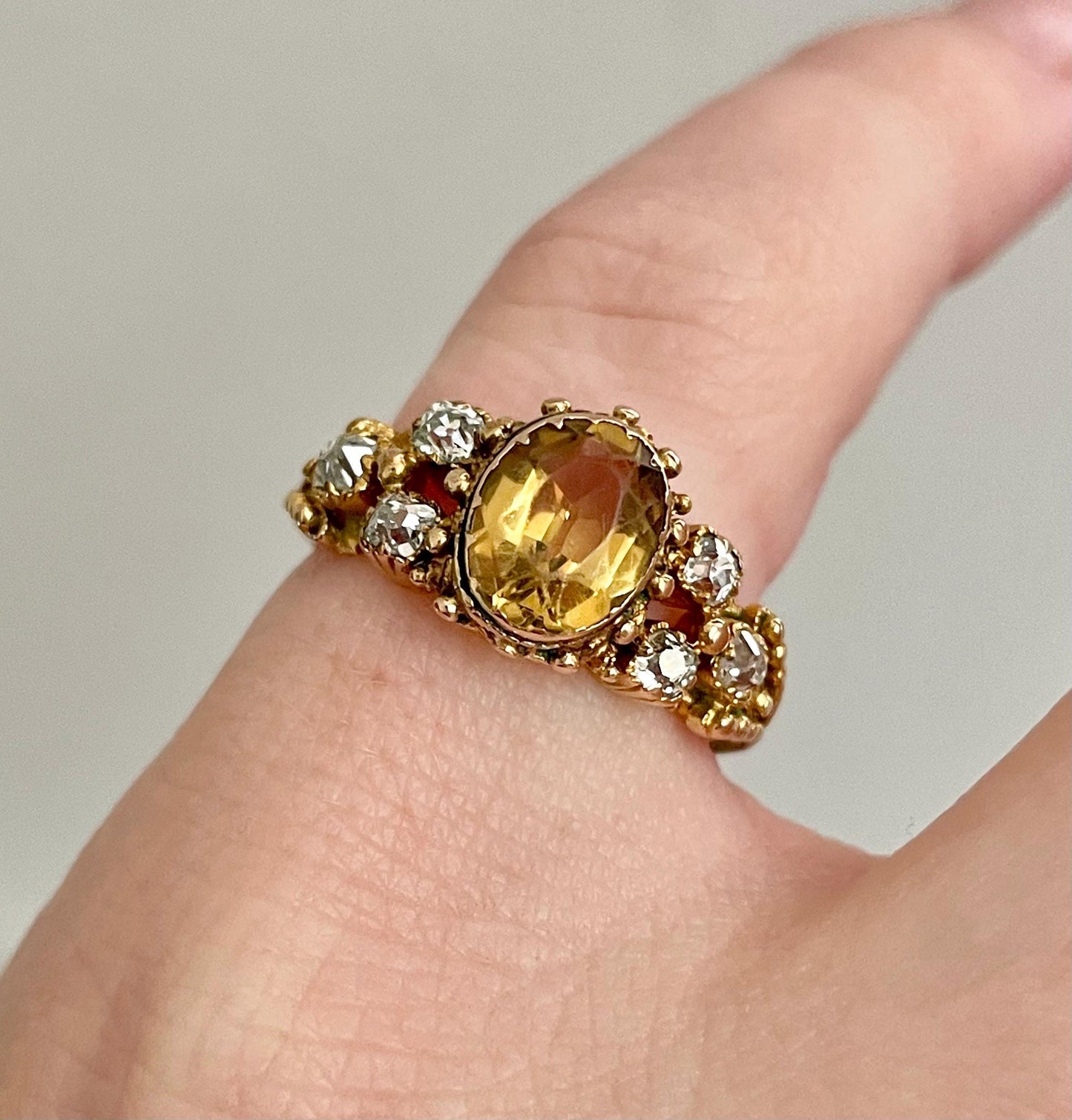 Victorian Diamond & Citrine Ring Created In 9 Carat Gold; circa 1890