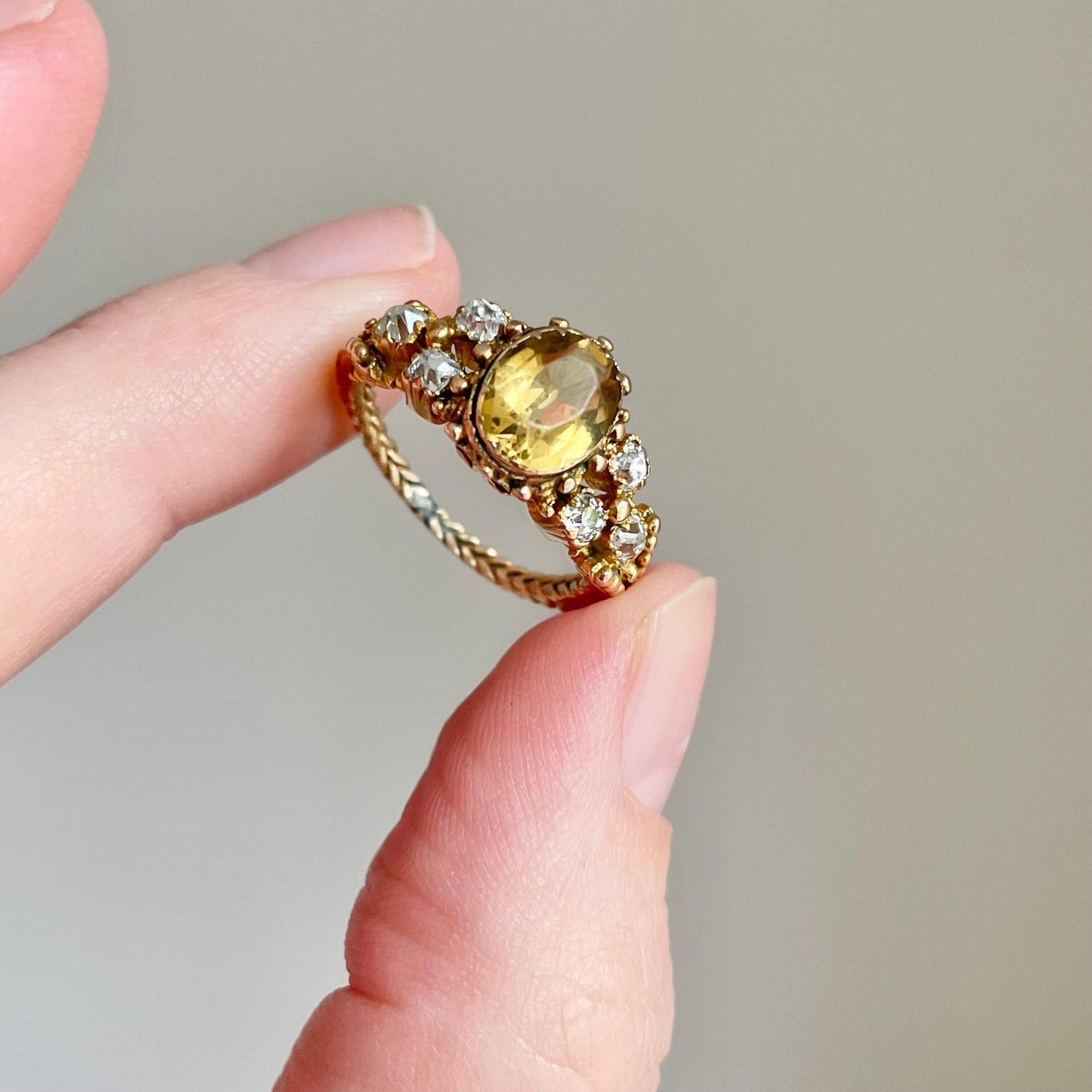Victorian Diamond & Citrine Ring Created In 9 Carat Gold; circa 1890