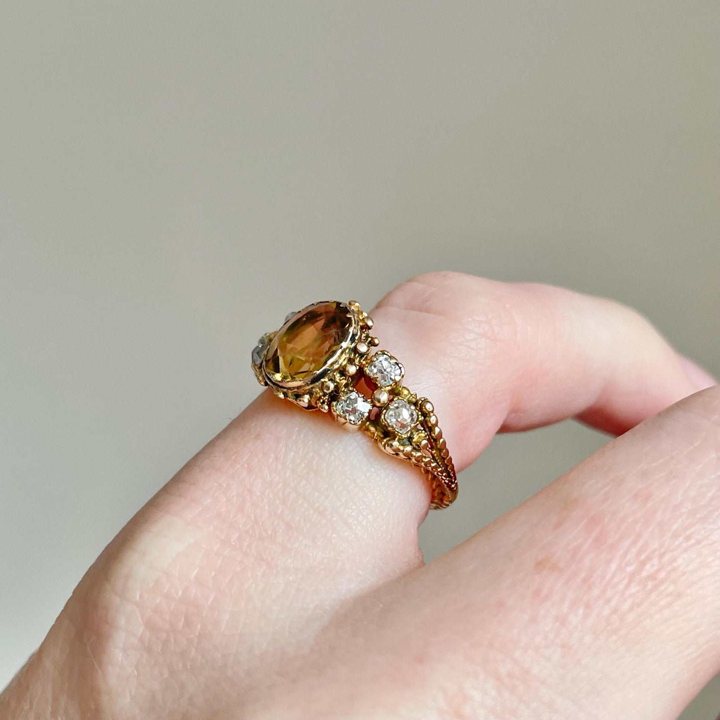 Victorian Diamond & Citrine Ring Created In 9 Carat Gold; circa 1890