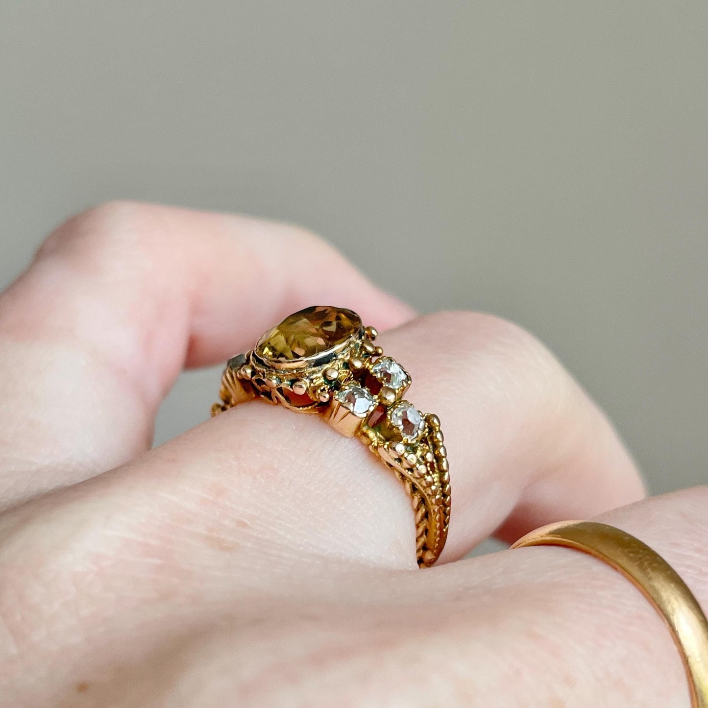 Victorian Diamond & Citrine Ring Created In 9 Carat Gold; circa 1890