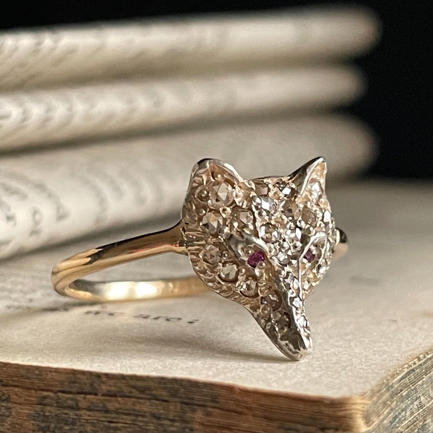 Victorian Style Rose Cut Diamond & Ruby Fox Head Ring in 15 Carat Gold