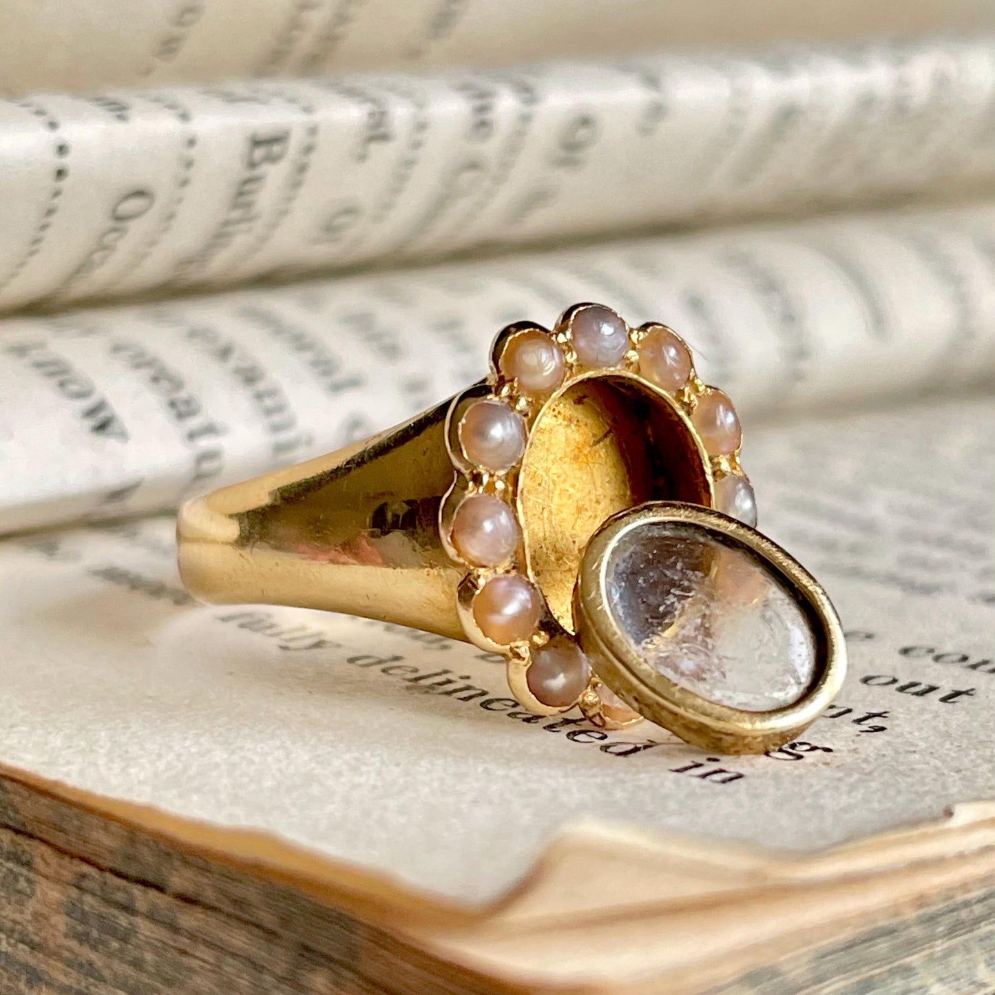 Antique Pearl Locket Ring in 18 Carat Gold; Circa 1917
