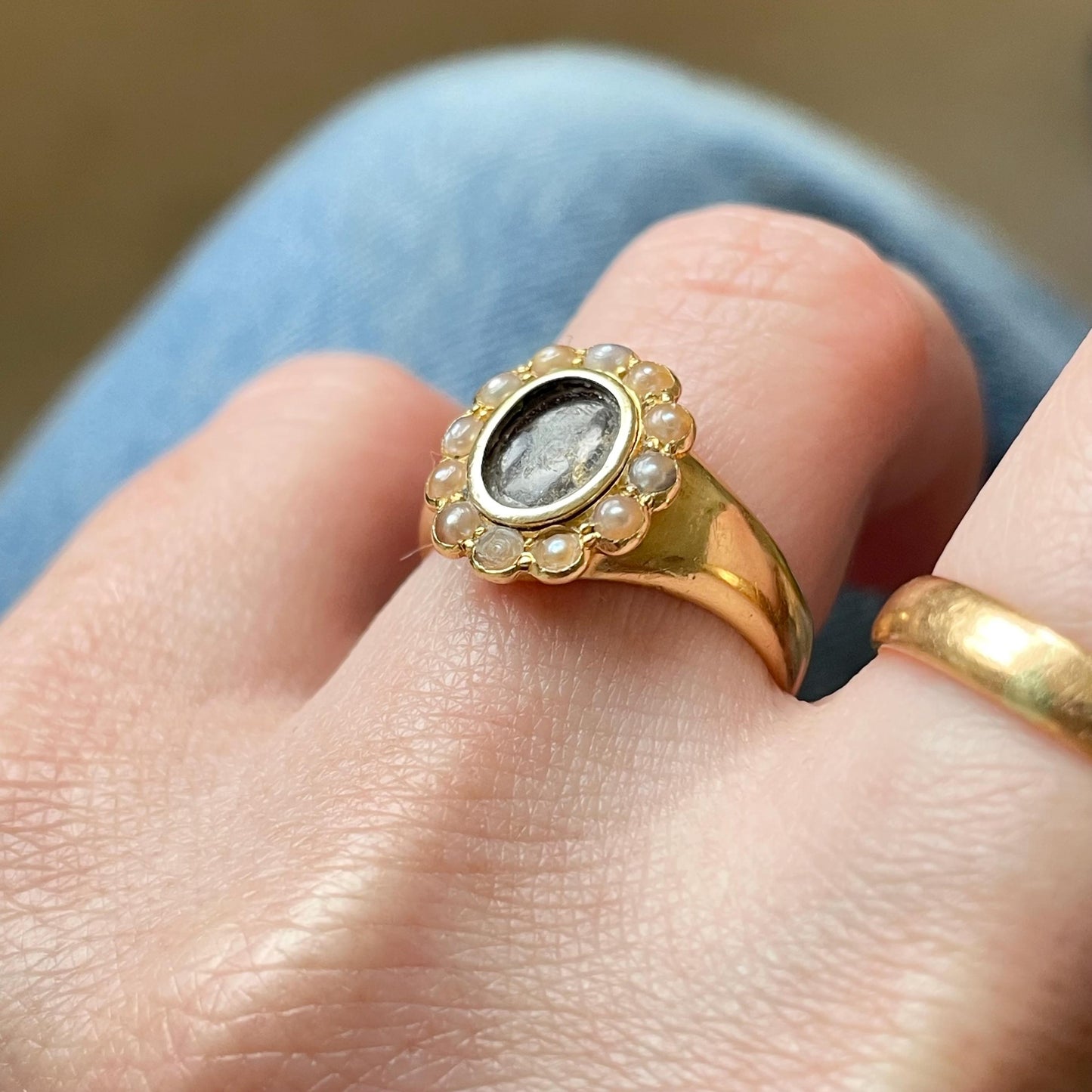 Antique Pearl Locket Ring in 18 Carat Gold; Circa 1917
