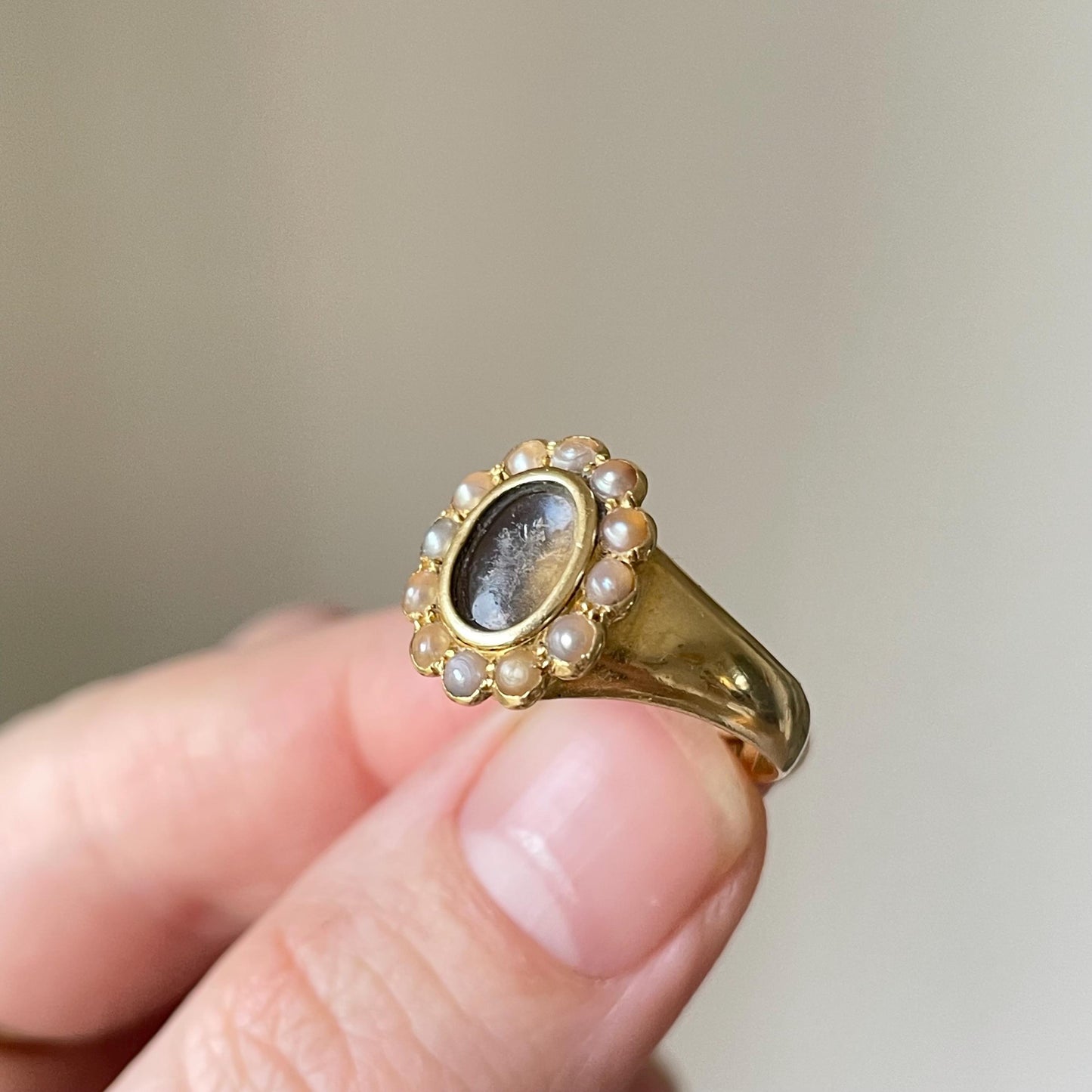 Antique Pearl Locket Ring in 18 Carat Gold; Circa 1917