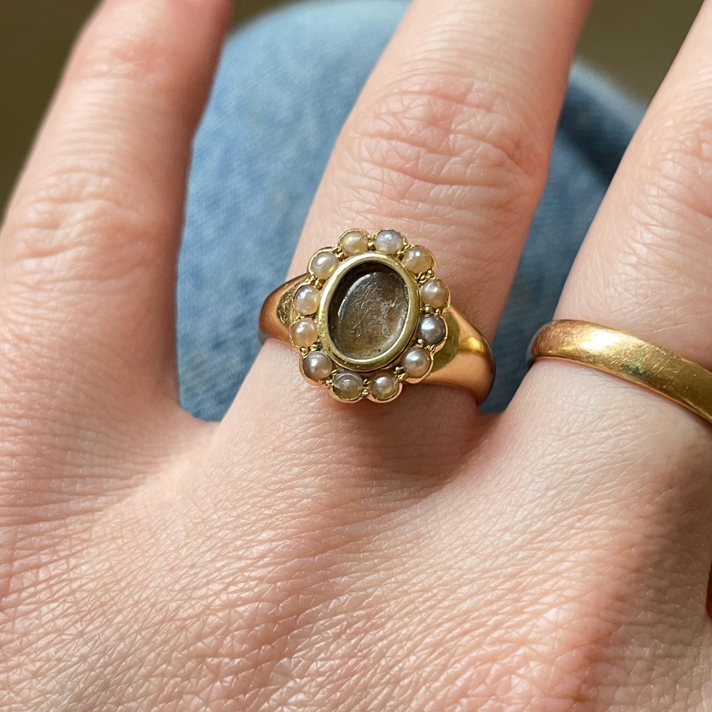 Antique Pearl Locket Ring in 18 Carat Gold; Circa 1917