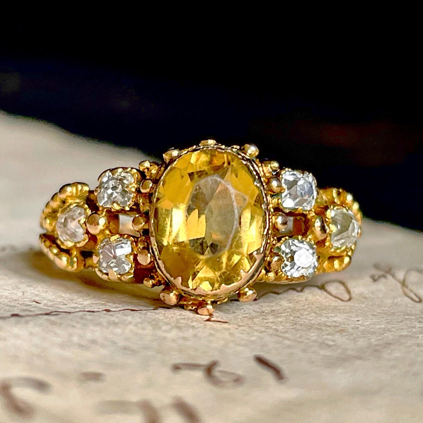 Victorian Diamond & Citrine Ring Created In 9 Carat Gold; circa 1890