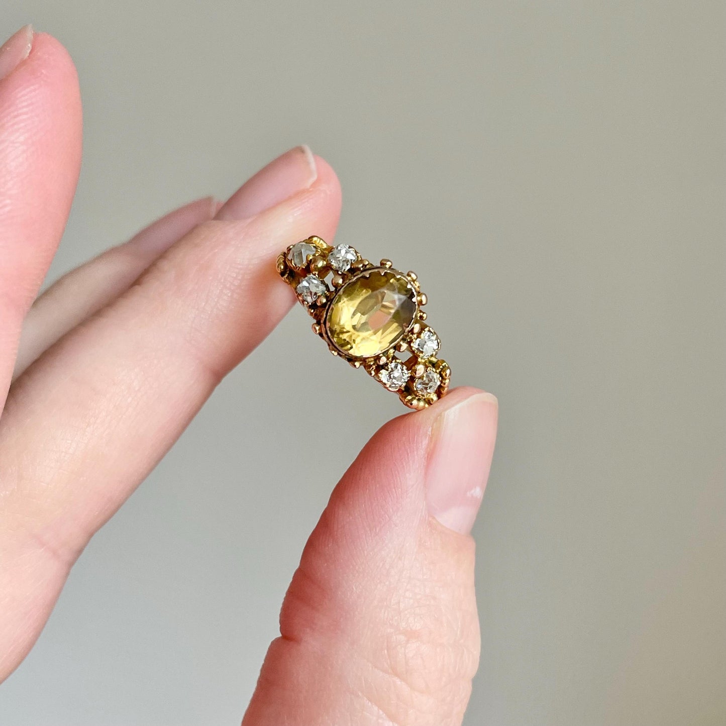 Victorian Diamond & Citrine Ring Created In 9 Carat Gold; circa 1890