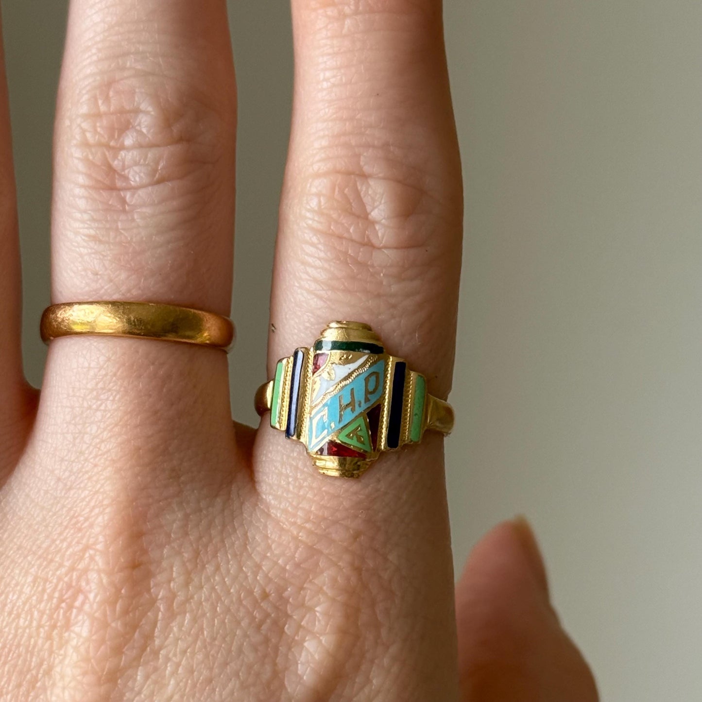 Antique Enamel Signet Ring in 18 Carat Gold; Circa 1920