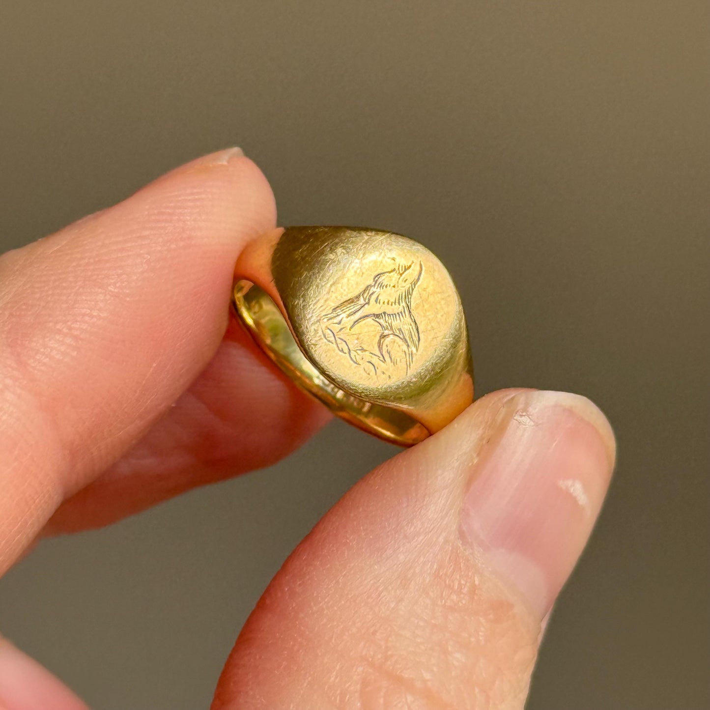 Ornate Dog Signet Ring in 18 Carat Gold; Circa 1950
