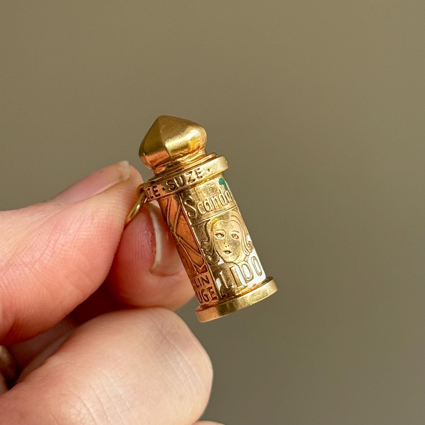 Vintage Enamel French Kiosk Pendant in 14 Carat Gold; Circa 1960