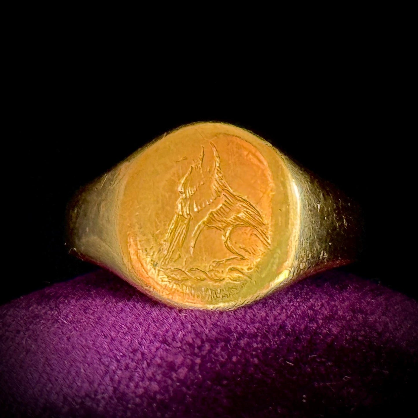 Ornate Dog Signet Ring in 18 Carat Gold; Circa 1950