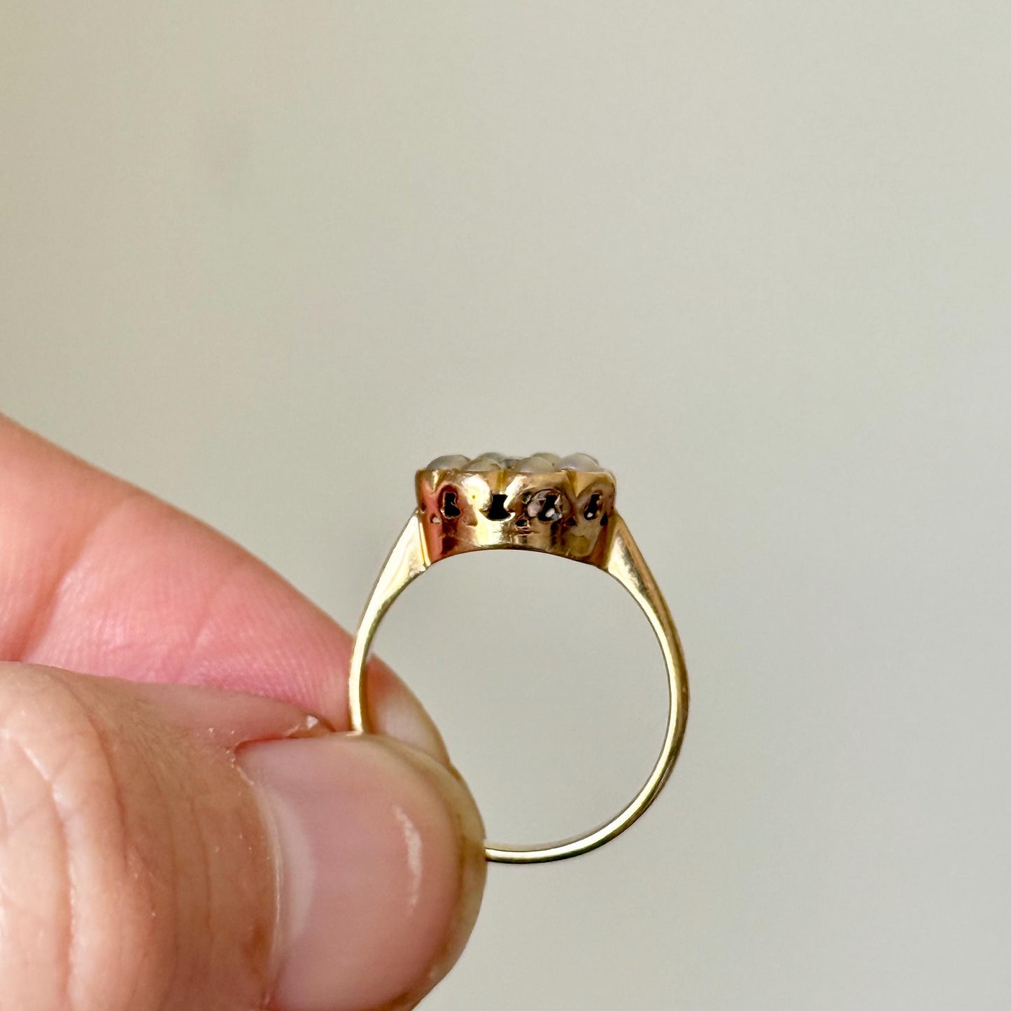 Antique Diamond & Pearl Cluster Ring in 18 Carat Gold; Circa 1910