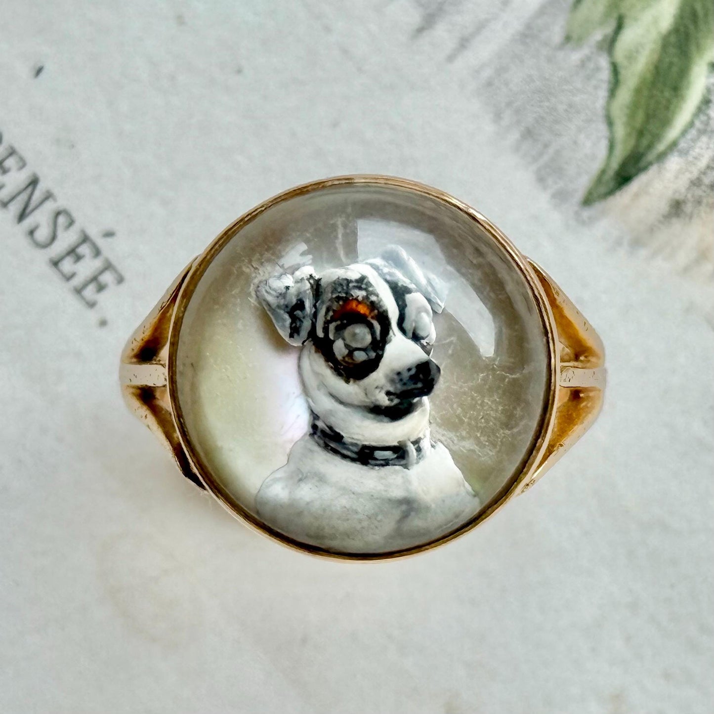 Rare Victorian Essex Crystal Reverse Painted Dog Ring, circa 1880