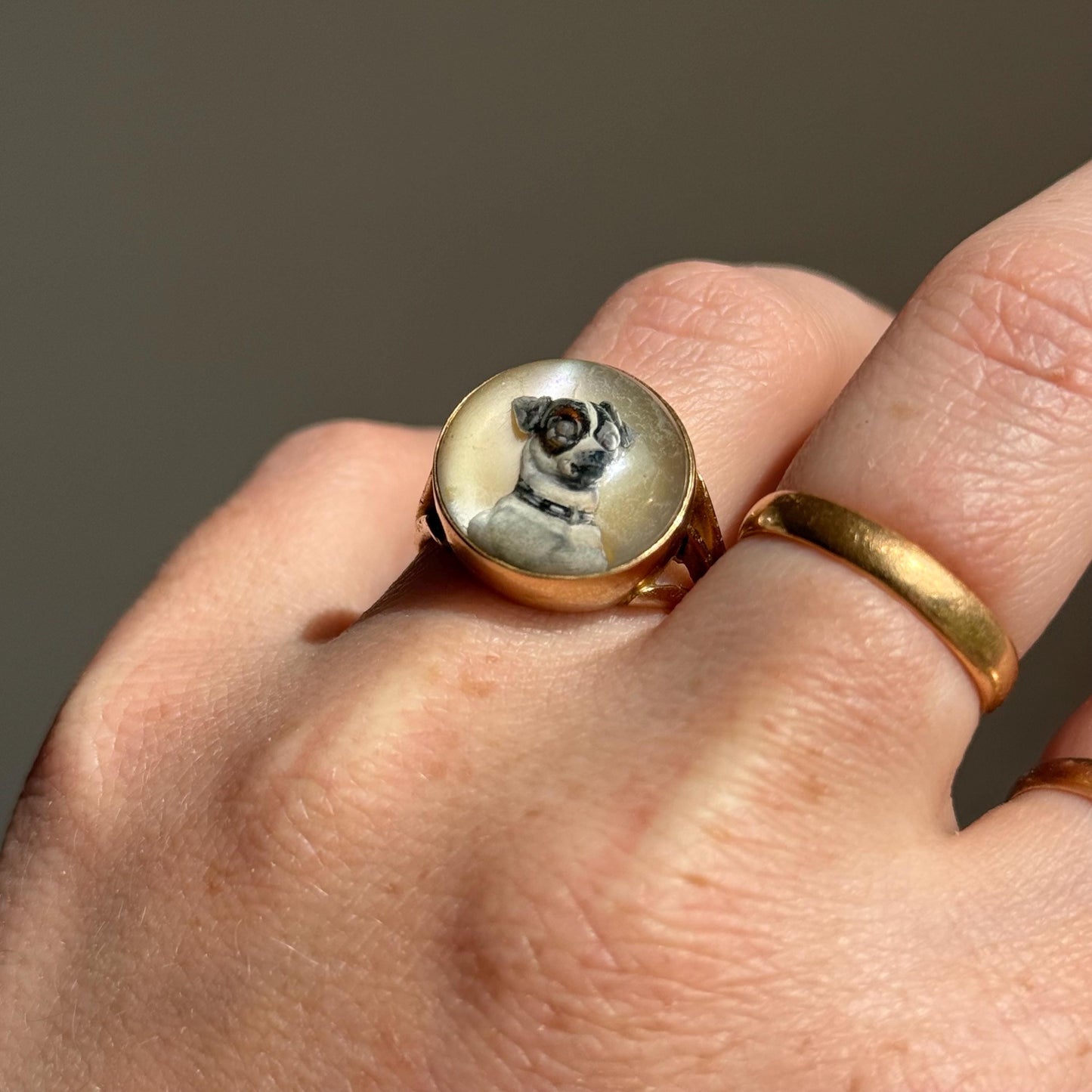 Rare Victorian Essex Crystal Reverse Painted Dog Ring, circa 1880