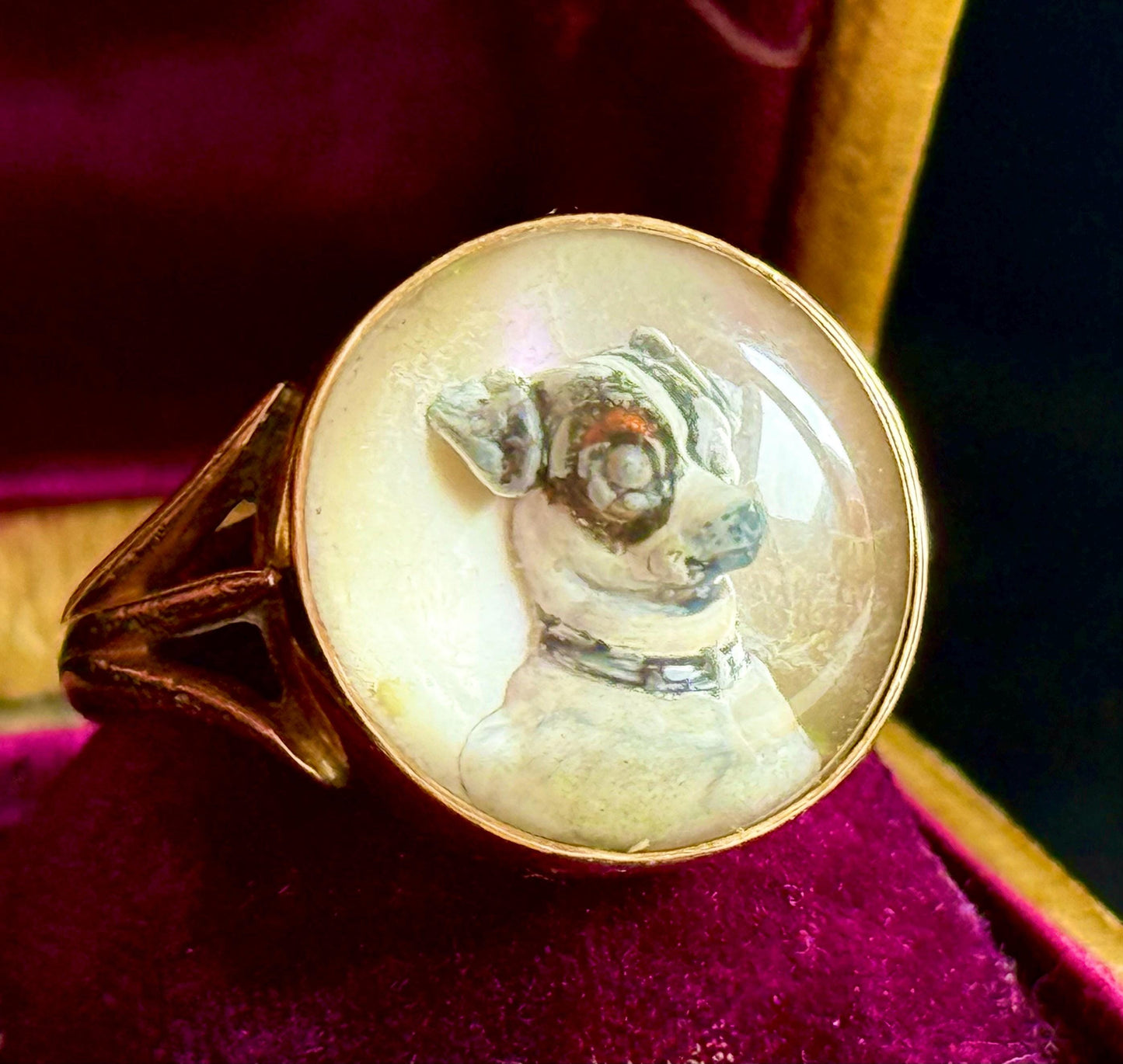 Rare Victorian Essex Crystal Reverse Painted Dog Ring, circa 1880