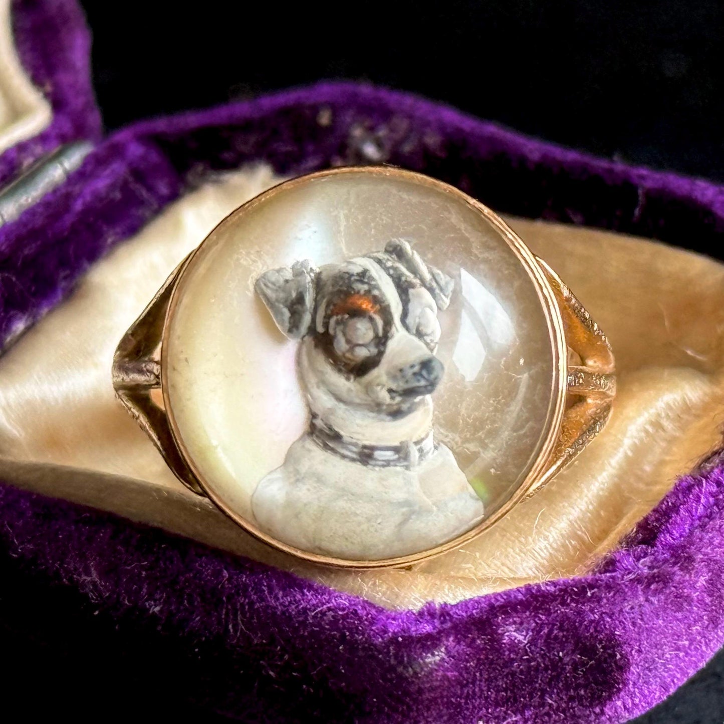 Rare Victorian Essex Crystal Reverse Painted Dog Ring, circa 1880