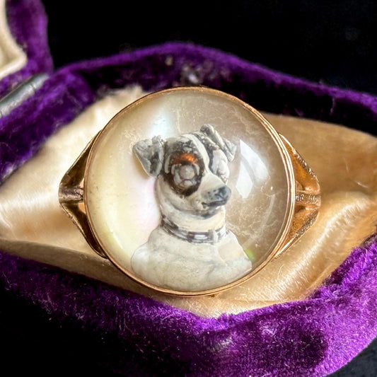 Rare Victorian Essex Crystal Reverse Painted Dog Ring, circa 1880