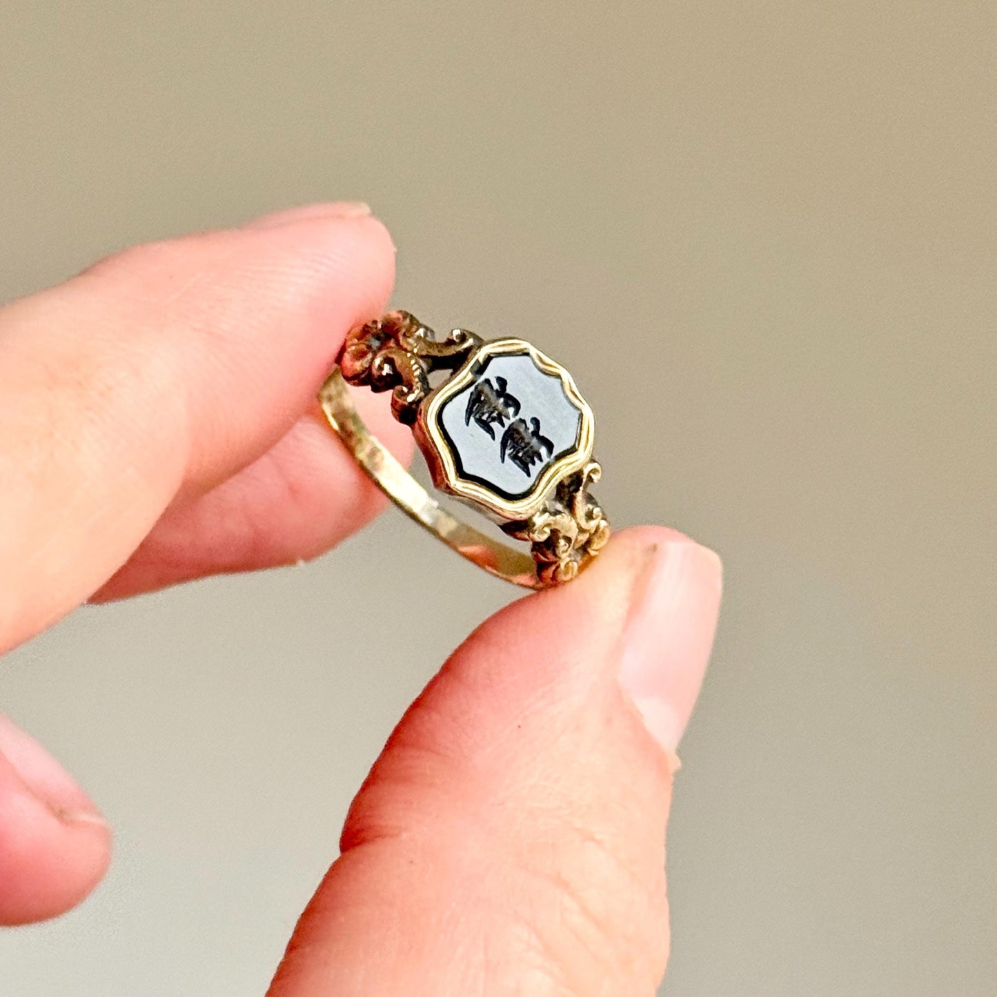 Antique ' H H' Intaglio Ring in 9 Carat Gold, Circa 1870