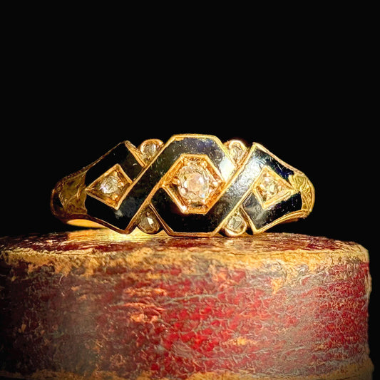 Antique Diamond & Enamel Mourning Ring with Inscription; Circa 1870