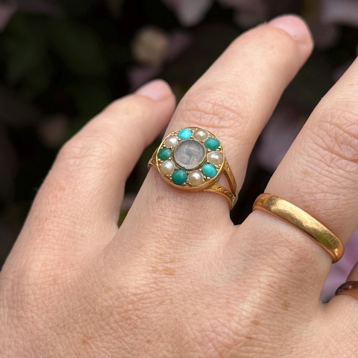 Victorian Mourning Locket Ring Set with turquoise & Pearl; Circa 1881