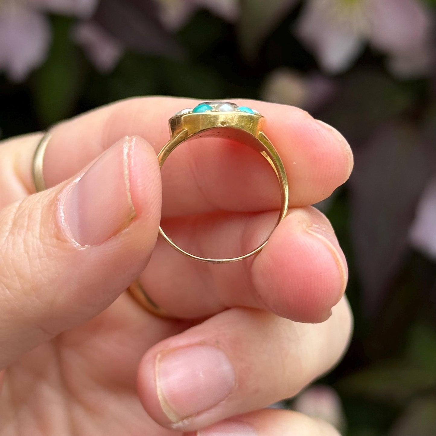 Victorian Mourning Locket Ring Set with turquoise & Pearl; Circa 1881