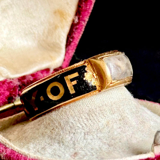 Antique Enamel Mourning Ring with Engraving in 18 Carat Gold; Circa 1884