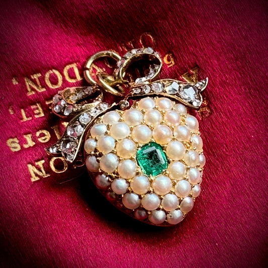 Diamond, Emerald & Pearl Locket Heart Pendant in 18 Carat Gold; Circa 1860