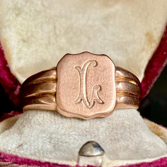 Antique 'L' Signet Ring in 9 Carat Rose Gold; Circa 1919