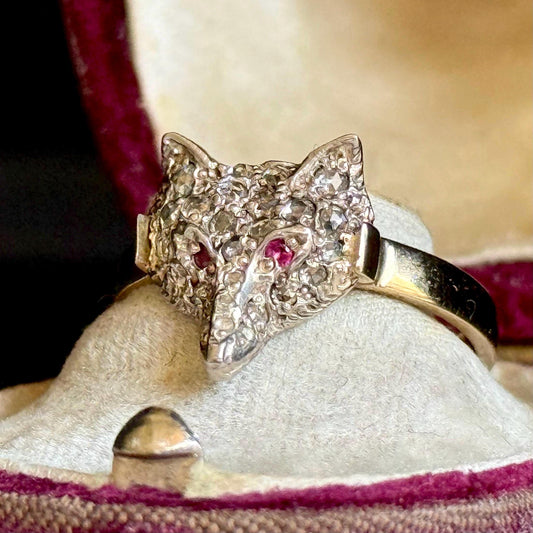 Victorian Style Rose Cut Diamond & Ruby Fox Head Ring in 9 Carat Gold
