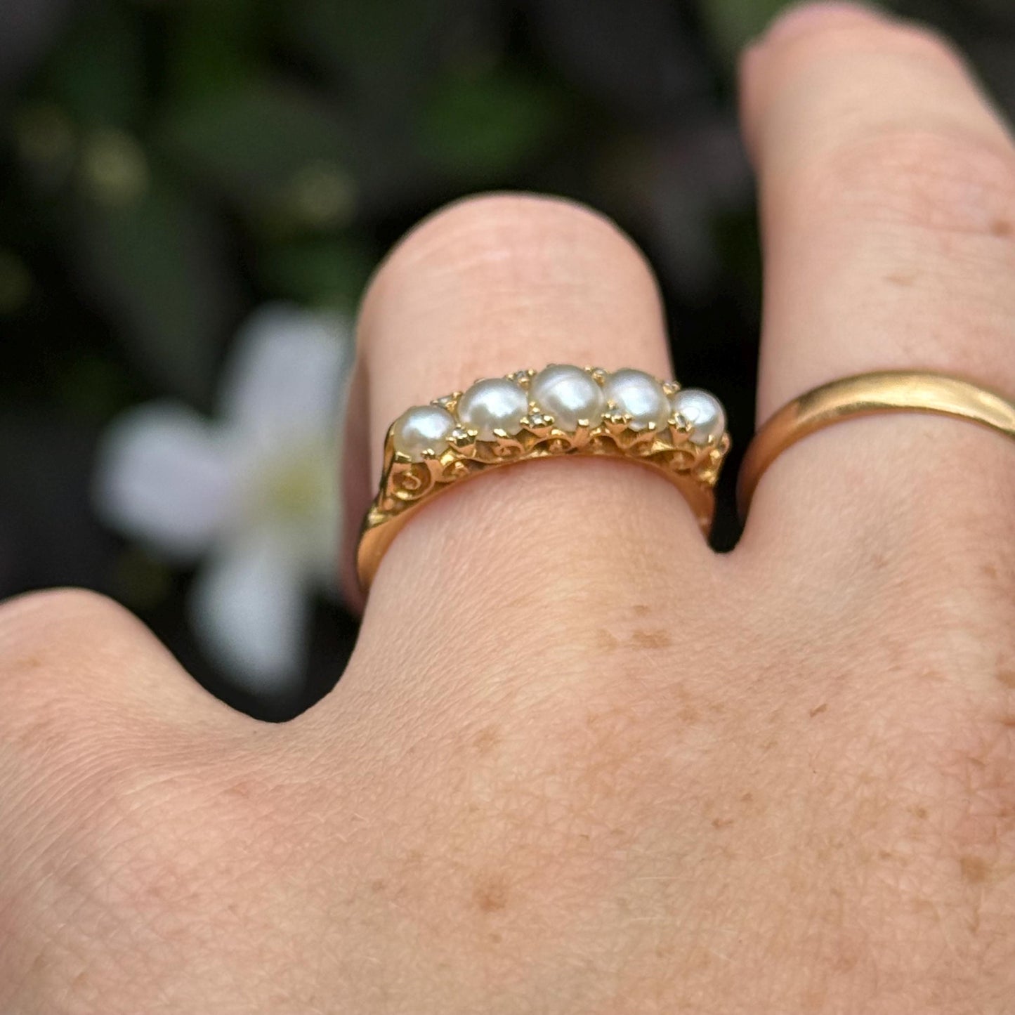 Antique Pearl & Diamond Ring in 18 Carat Gold; Circa 1900