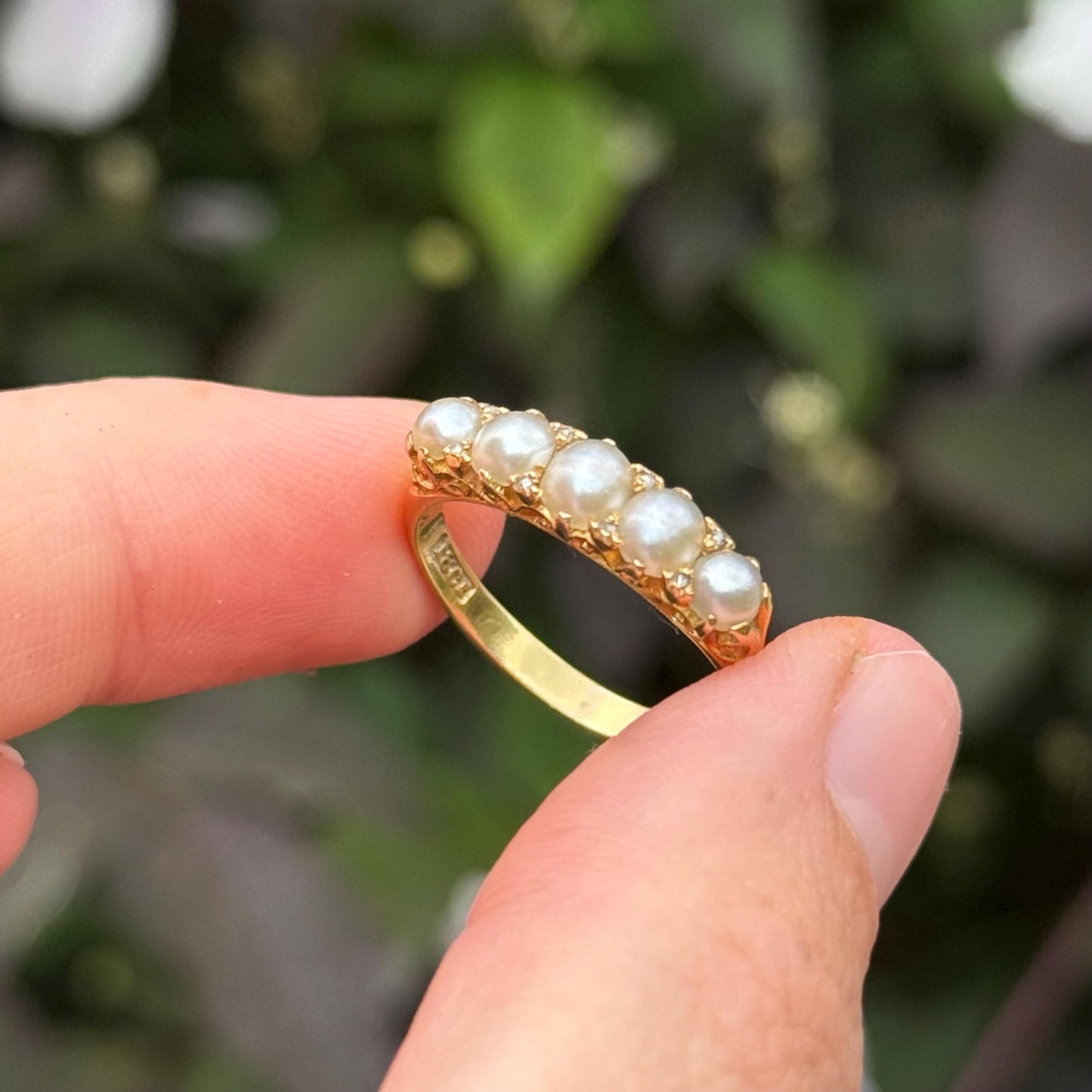 Antique Pearl & Diamond Ring in 18 Carat Gold; Circa 1900
