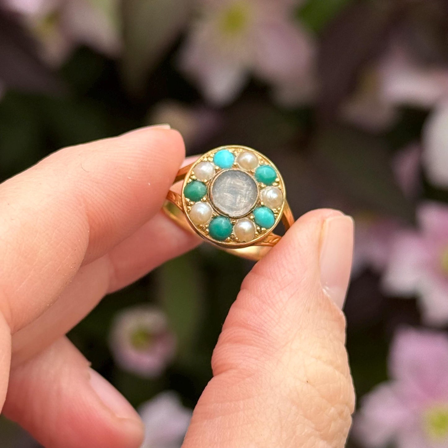 Victorian Mourning Locket Ring Set with turquoise & Pearl; Circa 1881