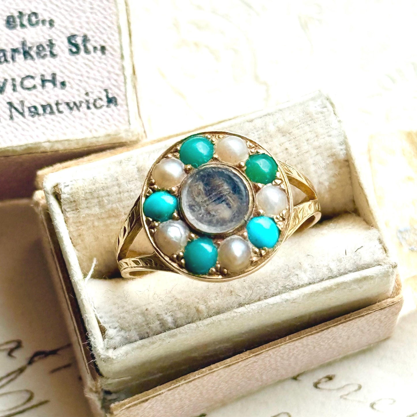 Victorian Mourning Locket Ring Set with turquoise & Pearl; Circa 1881