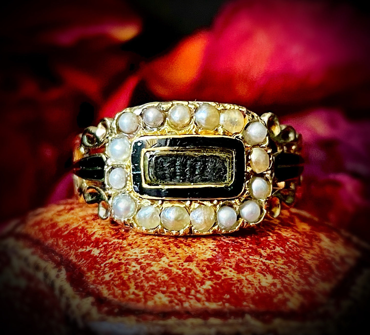 Rare Georgian Enamel & Pearl Mourning Ring in 15 Carat Gold; Circa 1810