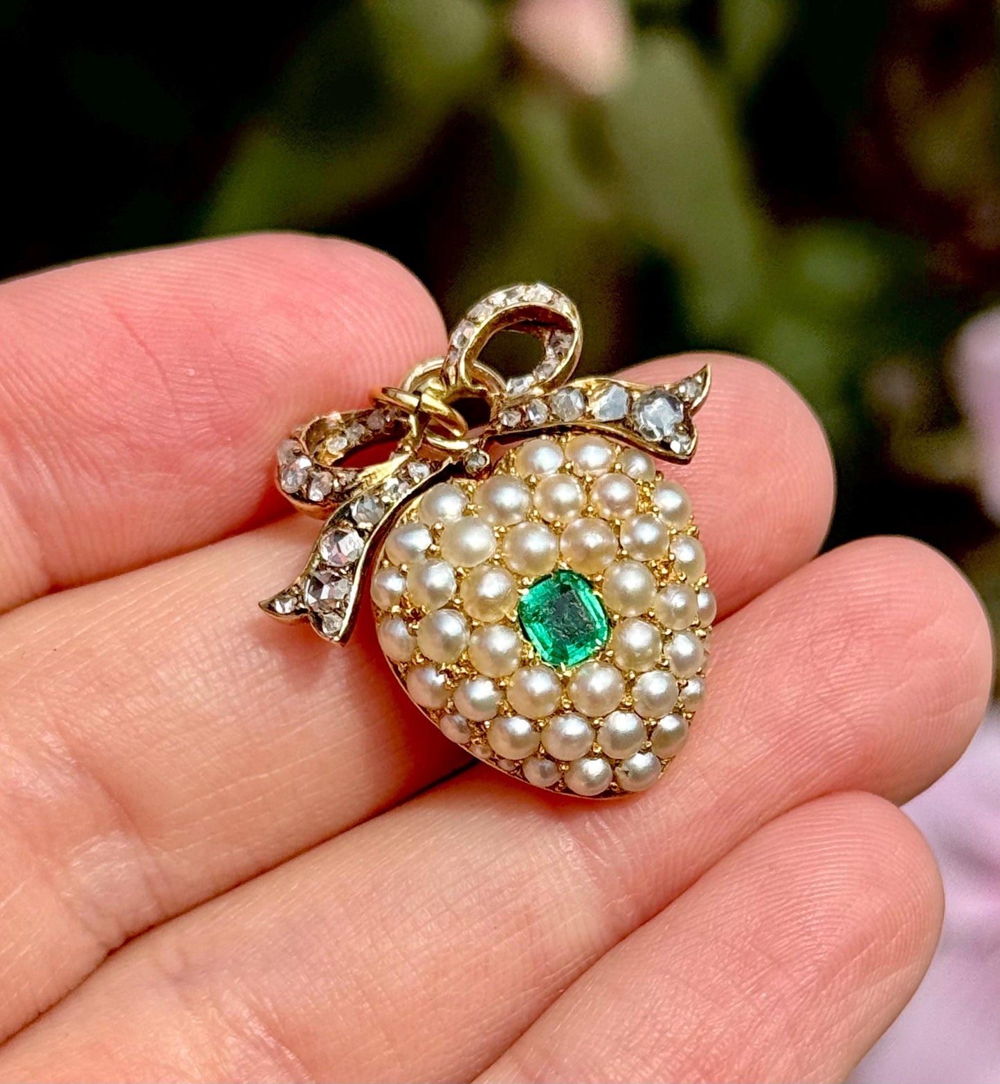 Diamond, Emerald & Pearl Locket Heart Pendant in 18 Carat Gold; Circa 1860