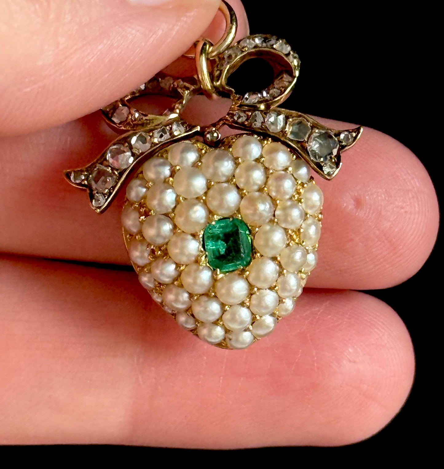 Diamond, Emerald & Pearl Locket Heart Pendant in 18 Carat Gold; Circa 1860