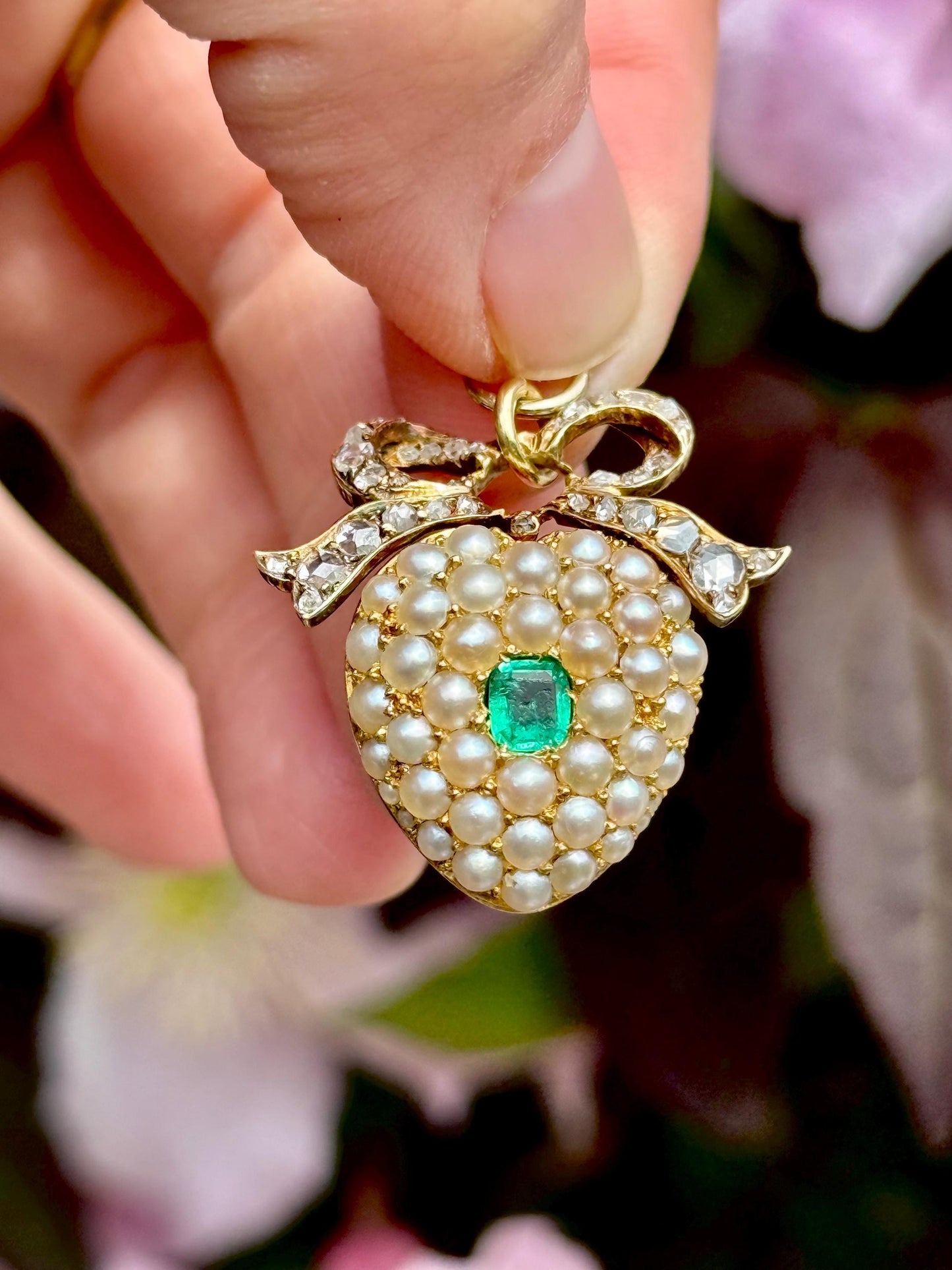 Diamond, Emerald & Pearl Locket Heart Pendant in 18 Carat Gold; Circa 1860