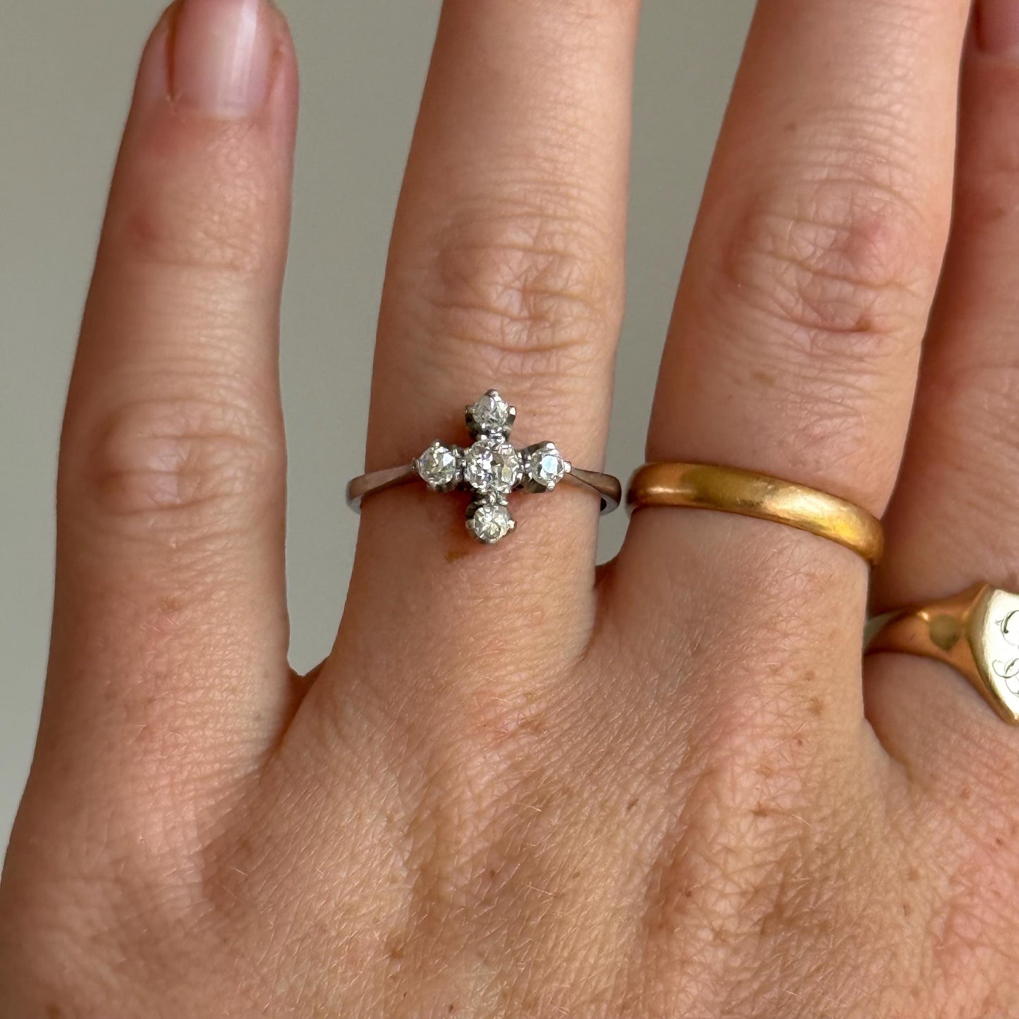 Antique Quadrefoil Old Cut Diamond Ring in Platinum; Circa 1900