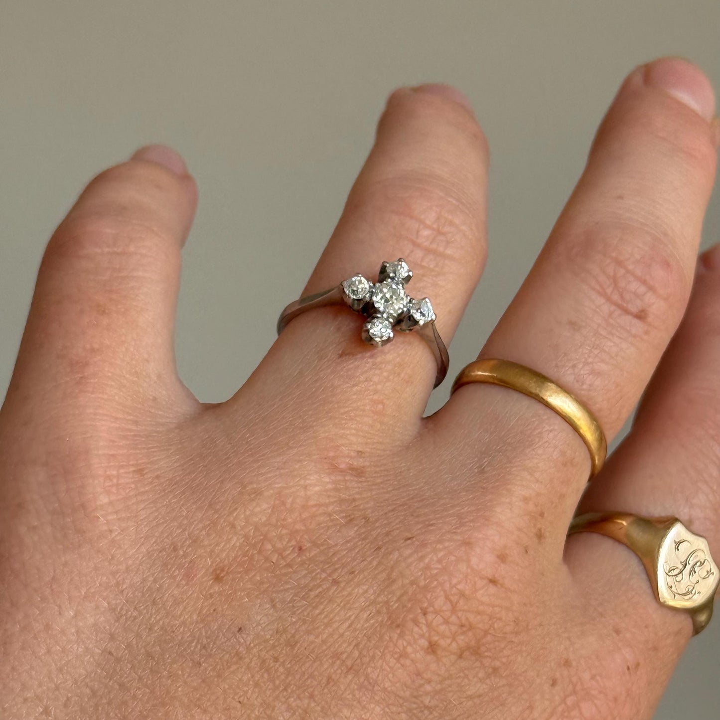Antique Quadrefoil Old Cut Diamond Ring in Platinum; Circa 1900