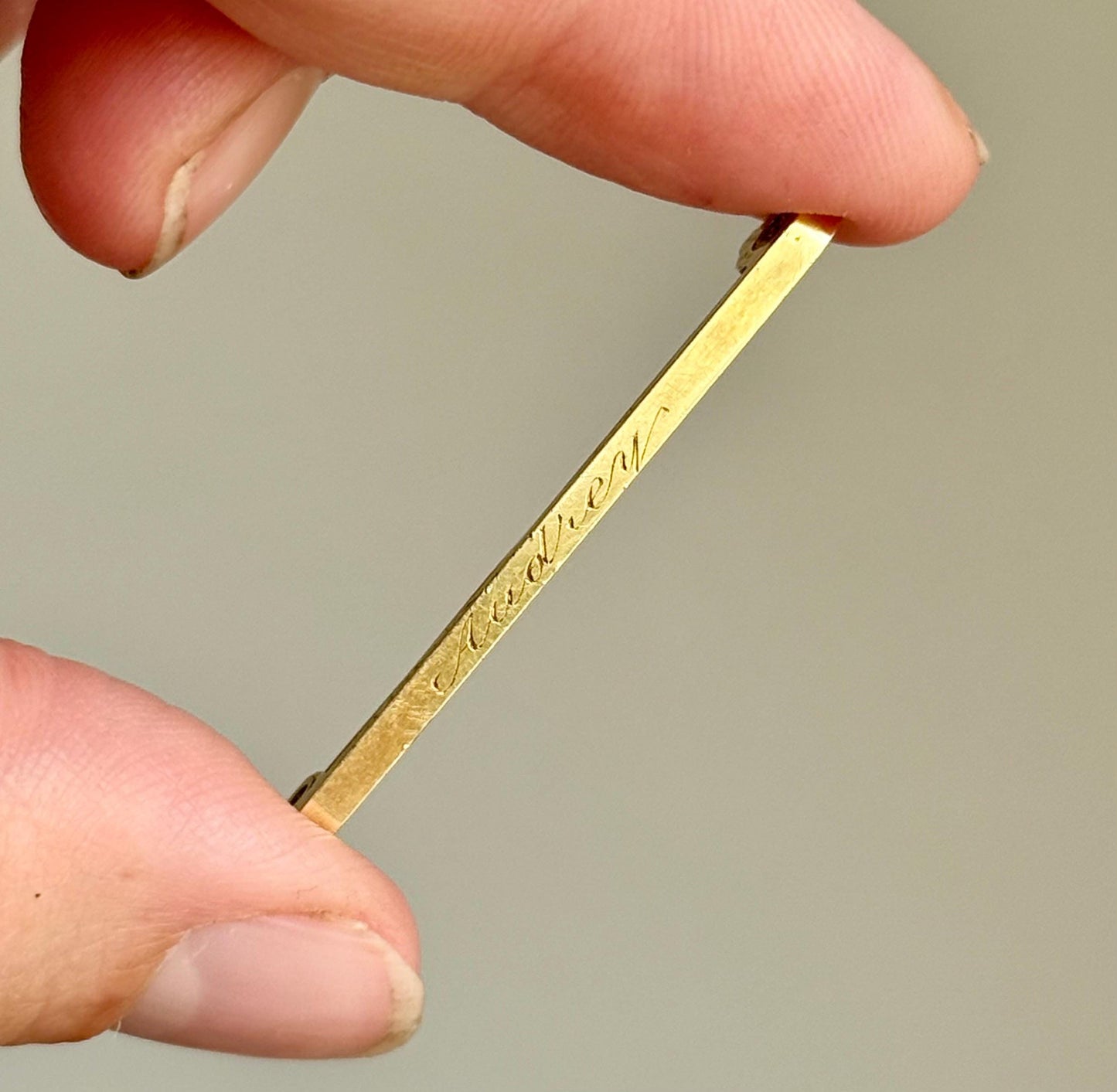 Antique 'Audrey' Bar Brooch in 15 Carat Gold; Circa 1890s