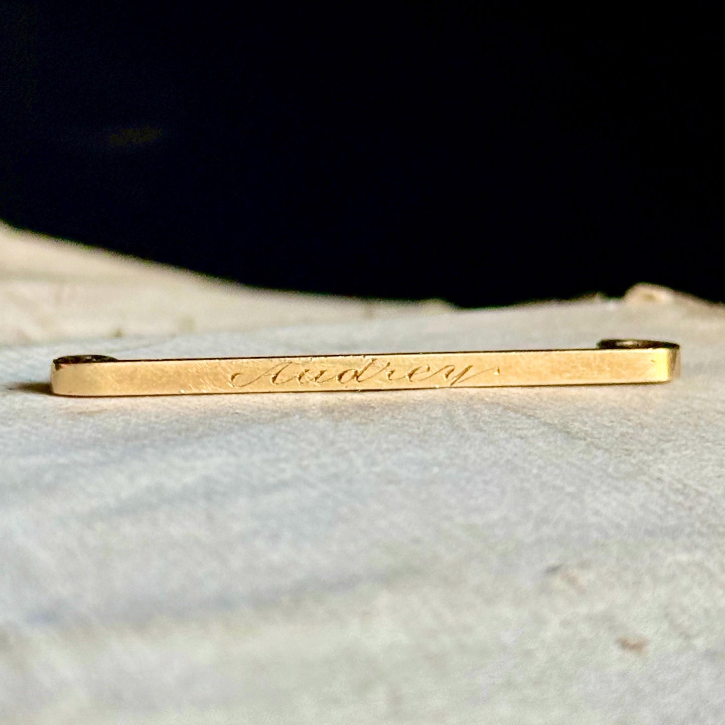 Antique 'Audrey' Bar Brooch in 15 Carat Gold; Circa 1890s