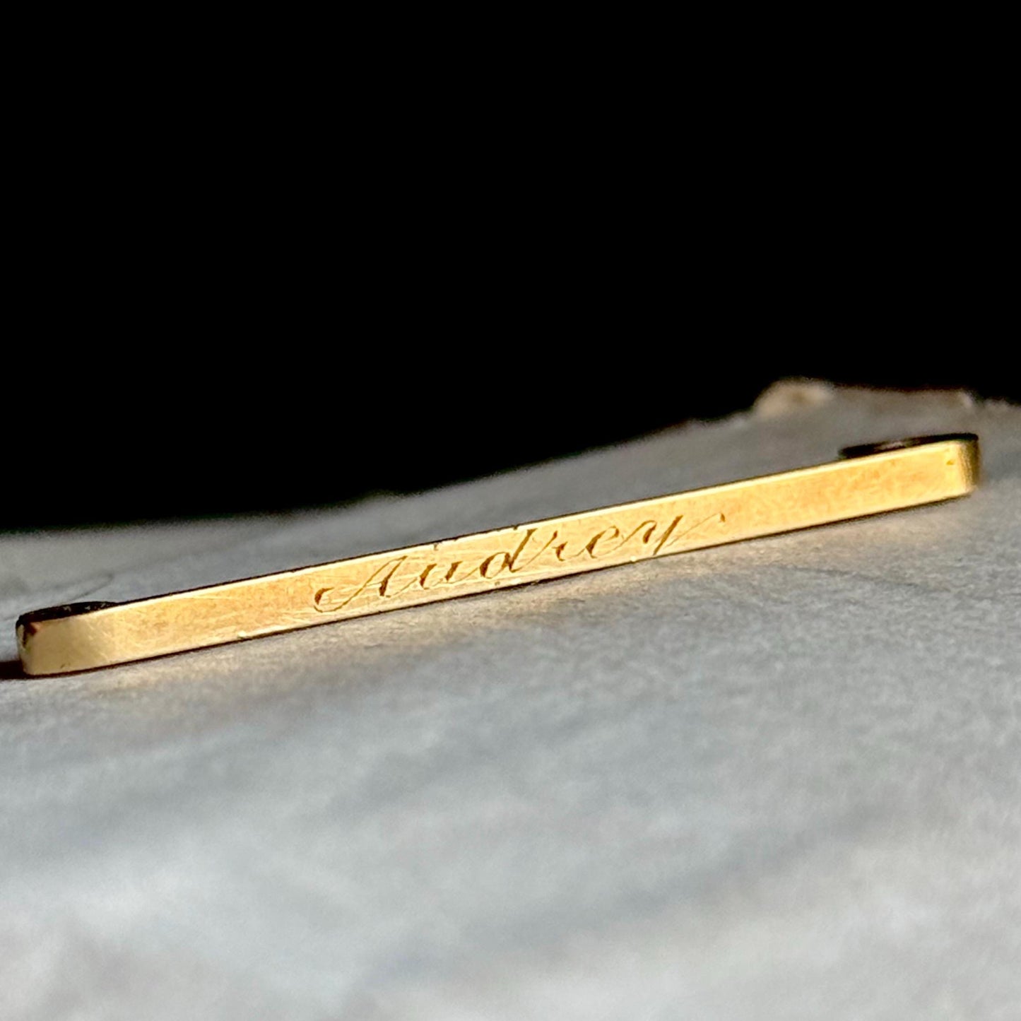 Antique 'Audrey' Bar Brooch in 15 Carat Gold; Circa 1890s
