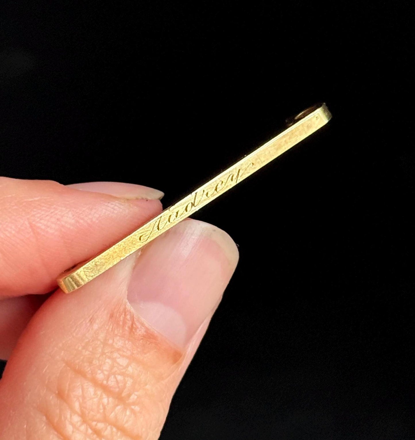 Antique 'Audrey' Bar Brooch in 15 Carat Gold; Circa 1890s