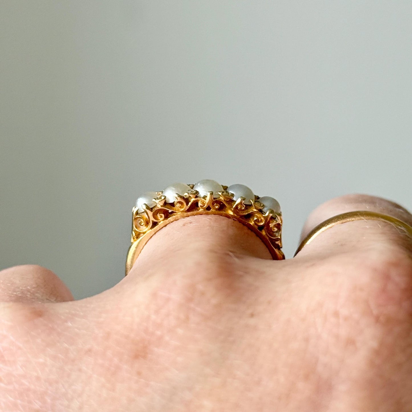 Antique Pearl & Diamond Ring in 18 Carat Gold; Circa 1900