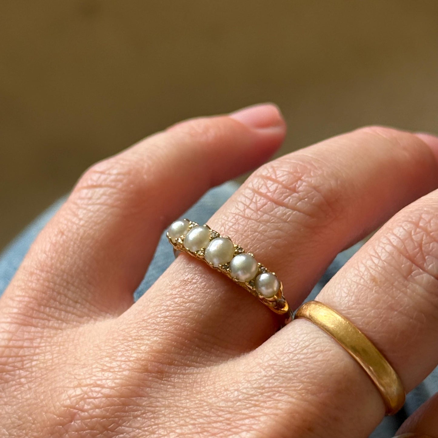 Antique Pearl & Diamond Ring in 18 Carat Gold; Circa 1900