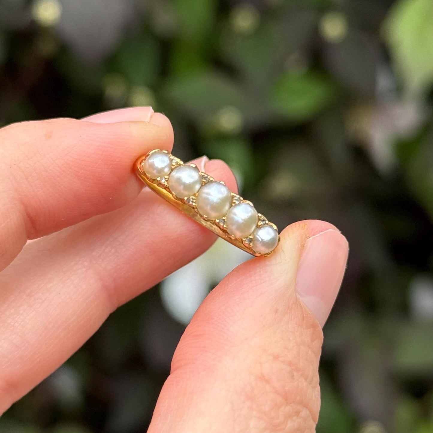 Antique Pearl & Diamond Ring in 18 Carat Gold; Circa 1900