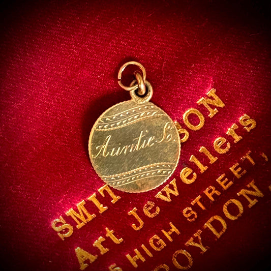 Victorian Love Token ‘Auntie L & 'G' Coin Charm in 9 Carat Gold; Circa 1897
