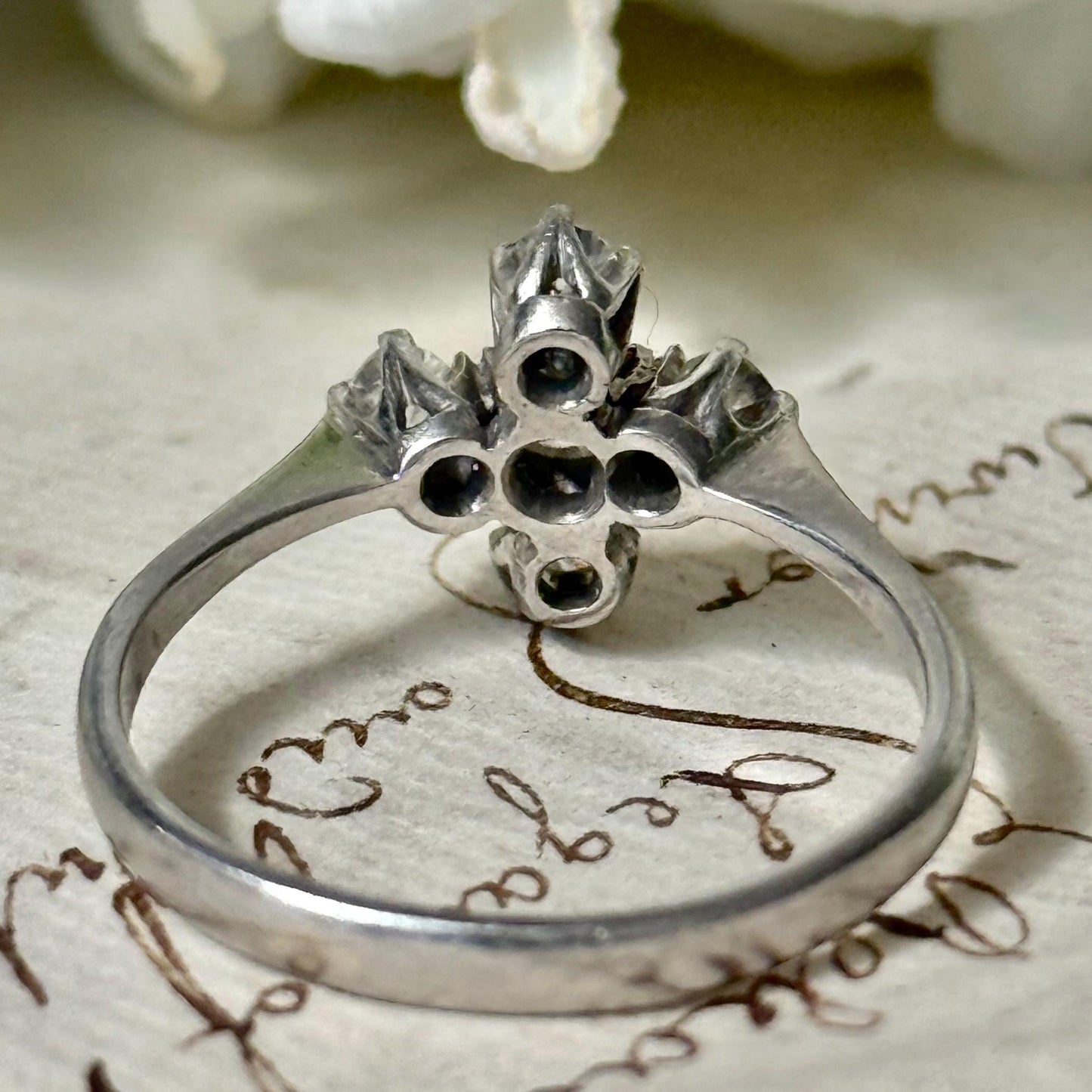Antique Quadrefoil Old Cut Diamond Ring in Platinum; Circa 1900